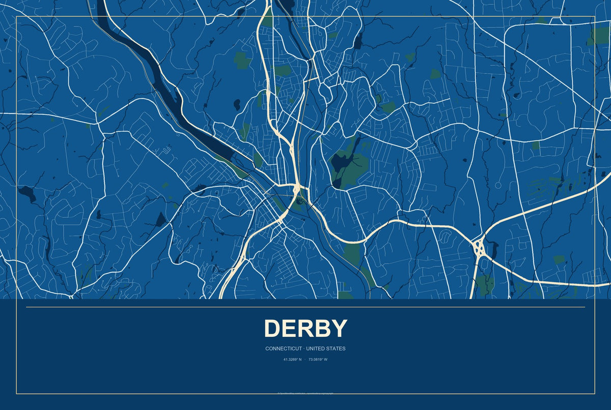 Derby, Connecticut City Map Aluminum Sign in Harbor Cobalt style