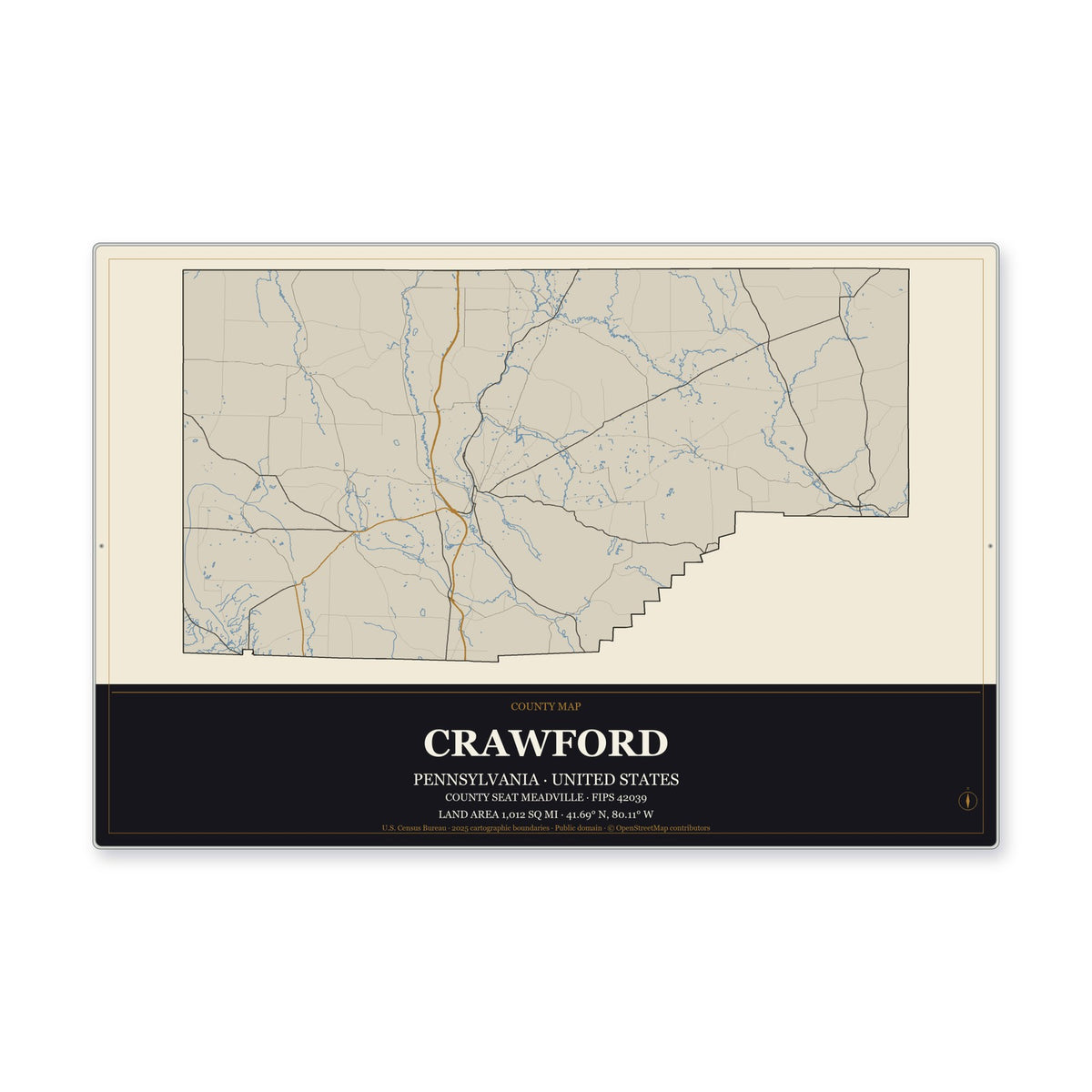 Crawford County, Pennsylvania Map Aluminum Sign in Museum Plaque style