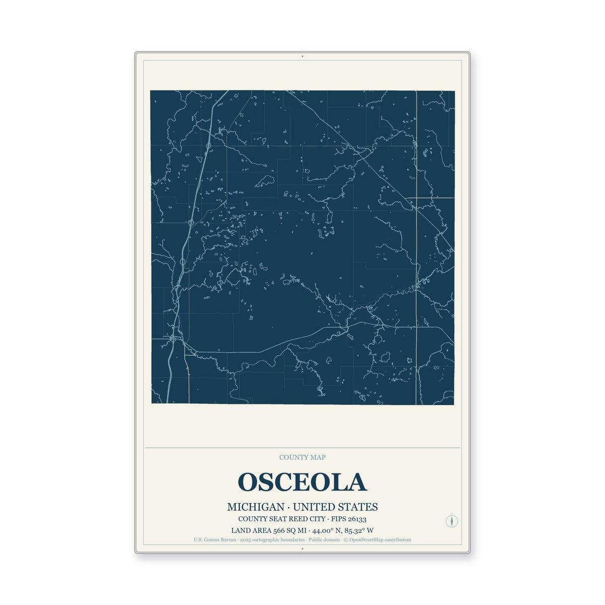 Osceola County, Michigan Map Aluminum Sign in Coastal Cutout style