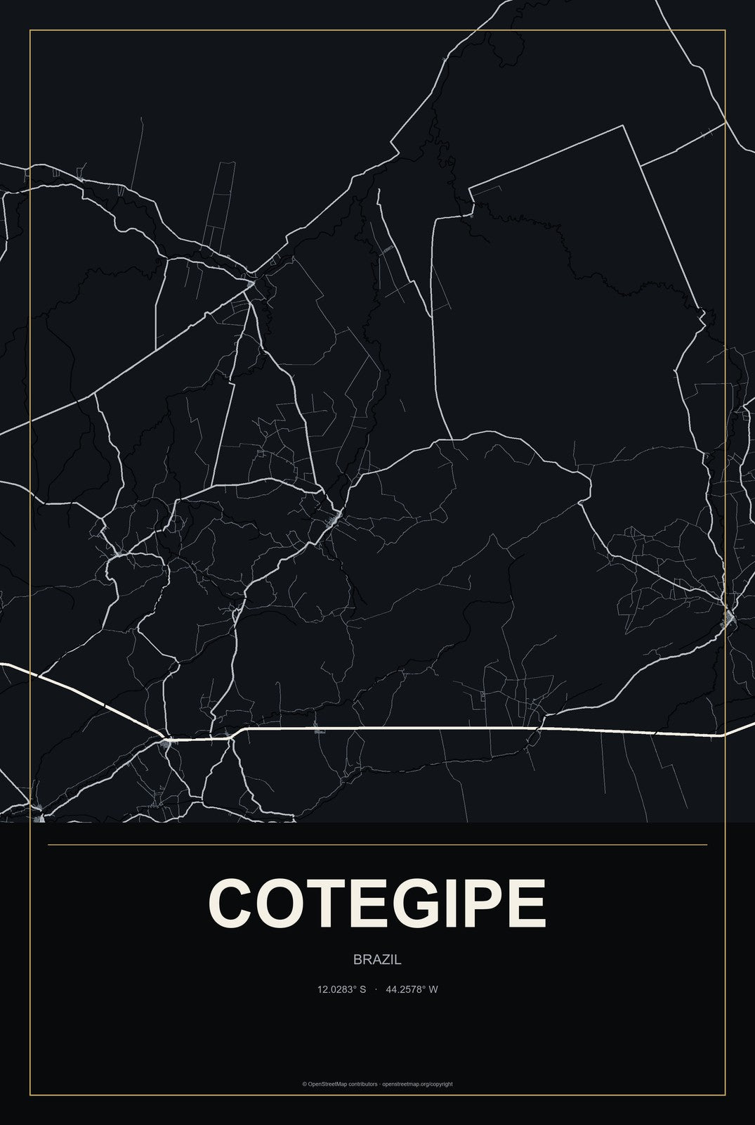 Cotegipe, Brazil City Map Aluminum Sign in Metropolitan Noir style