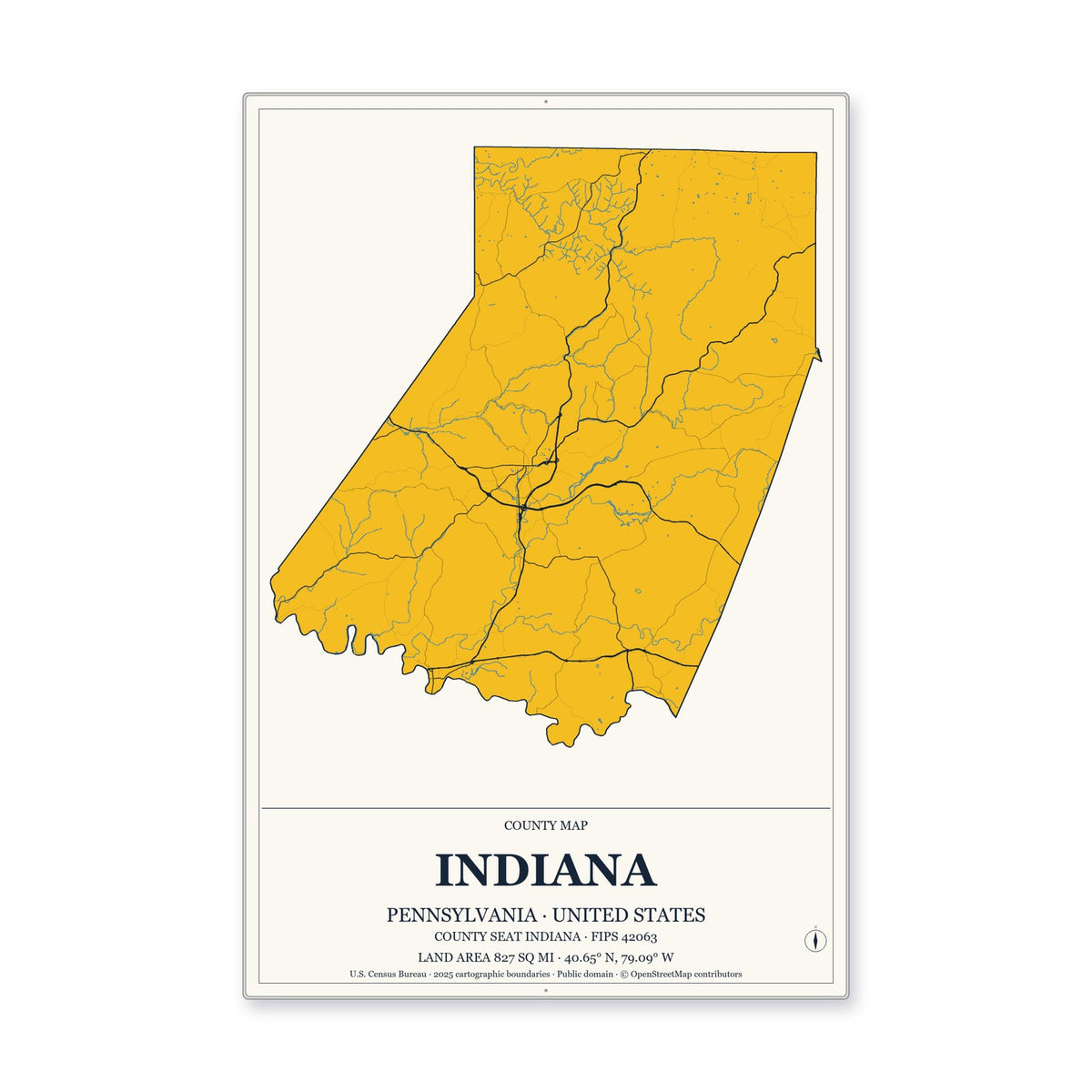 Indiana County, Pennsylvania Map Aluminum Sign in Citrine Modern style