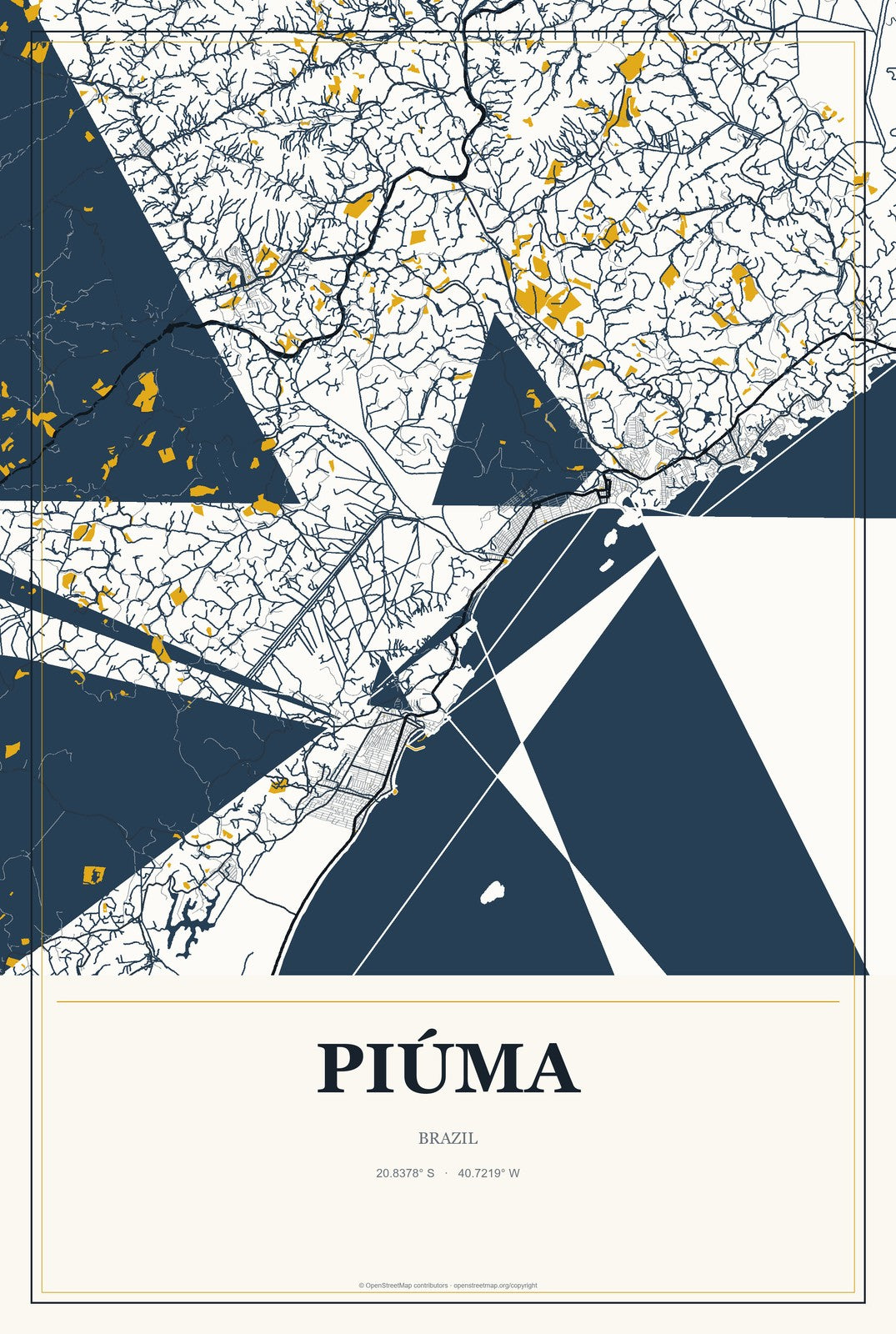 Piúma, Brazil City Map Aluminum Sign in Citrine Modern style
