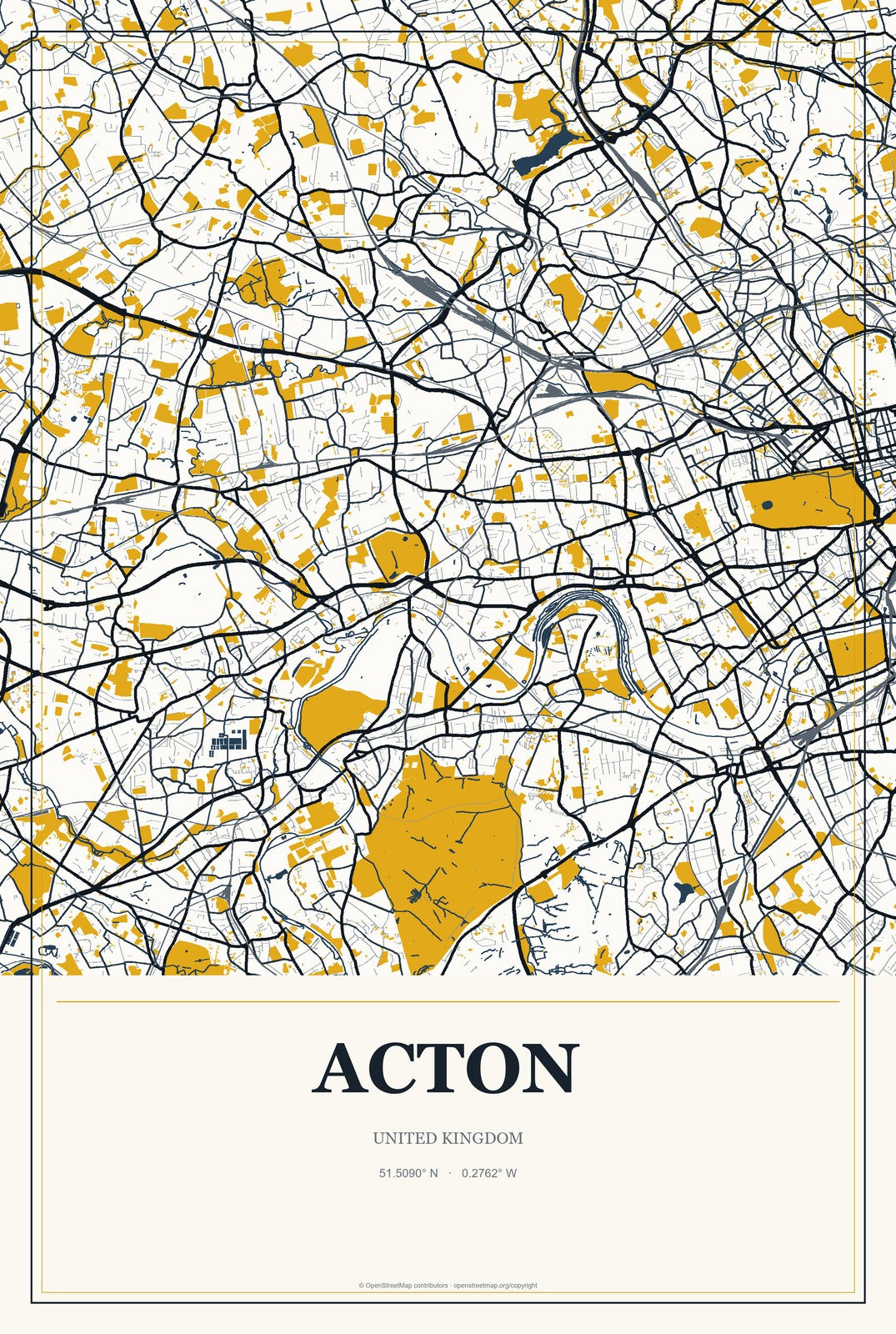 Acton, United Kingdom City Map Aluminum Sign in Citrine Modern style