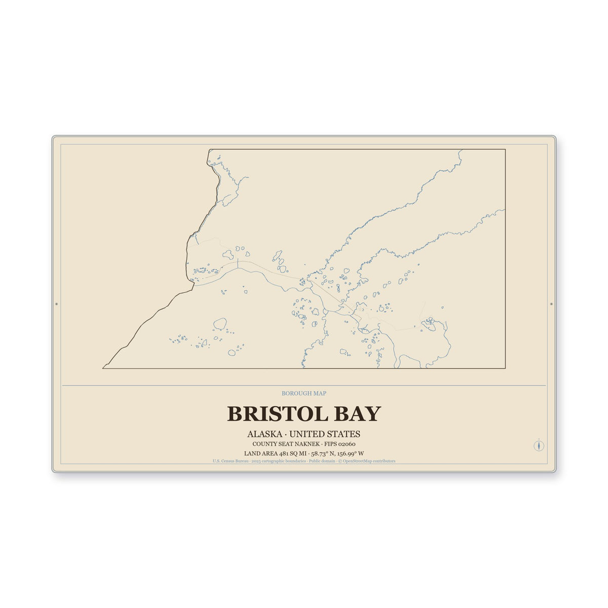 Bristol Bay Borough, Alaska Map Aluminum Sign in Heritage Nautical style