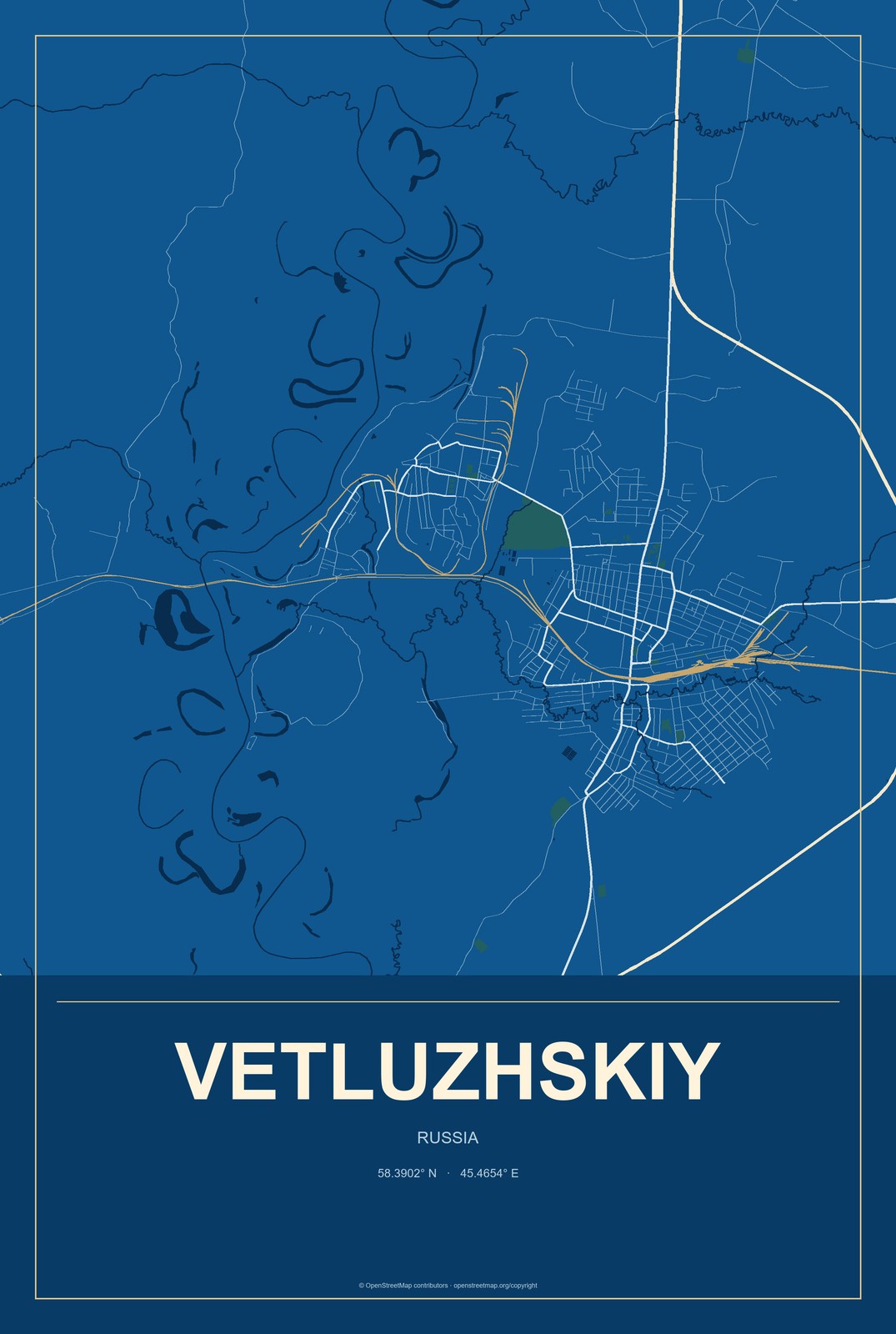 Vetluzhskiy, Russia City Map Aluminum Sign in Harbor Cobalt style