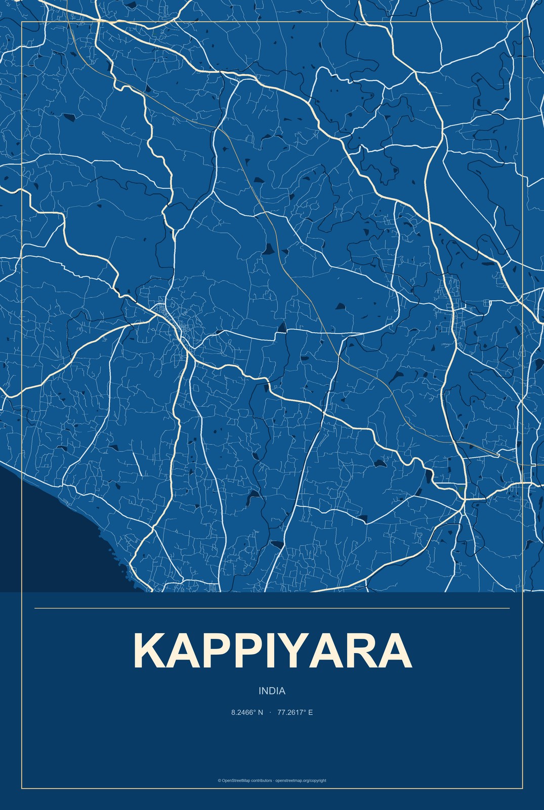 Kappiyara, India City Map Aluminum Sign in Harbor Cobalt style