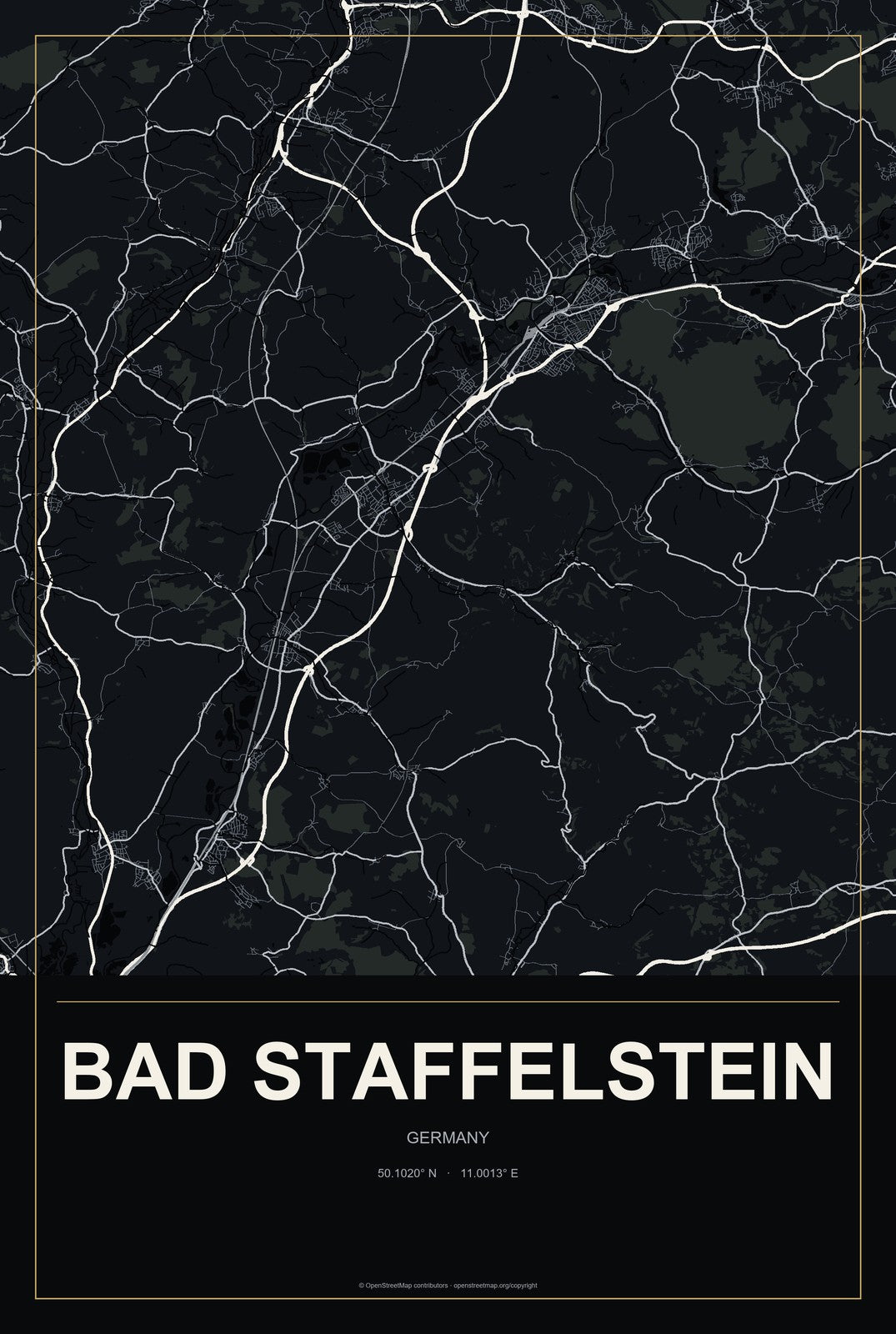 Bad Staffelstein, Germany City Map Aluminum Sign in Metropolitan Noir style