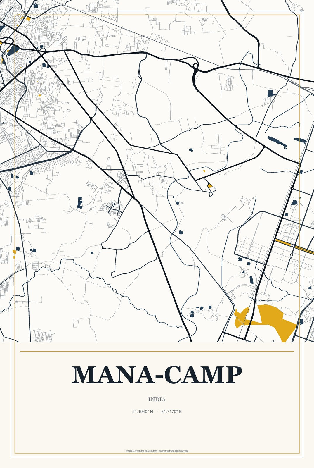 Mana-Camp, India City Map Aluminum Sign in Citrine Modern style