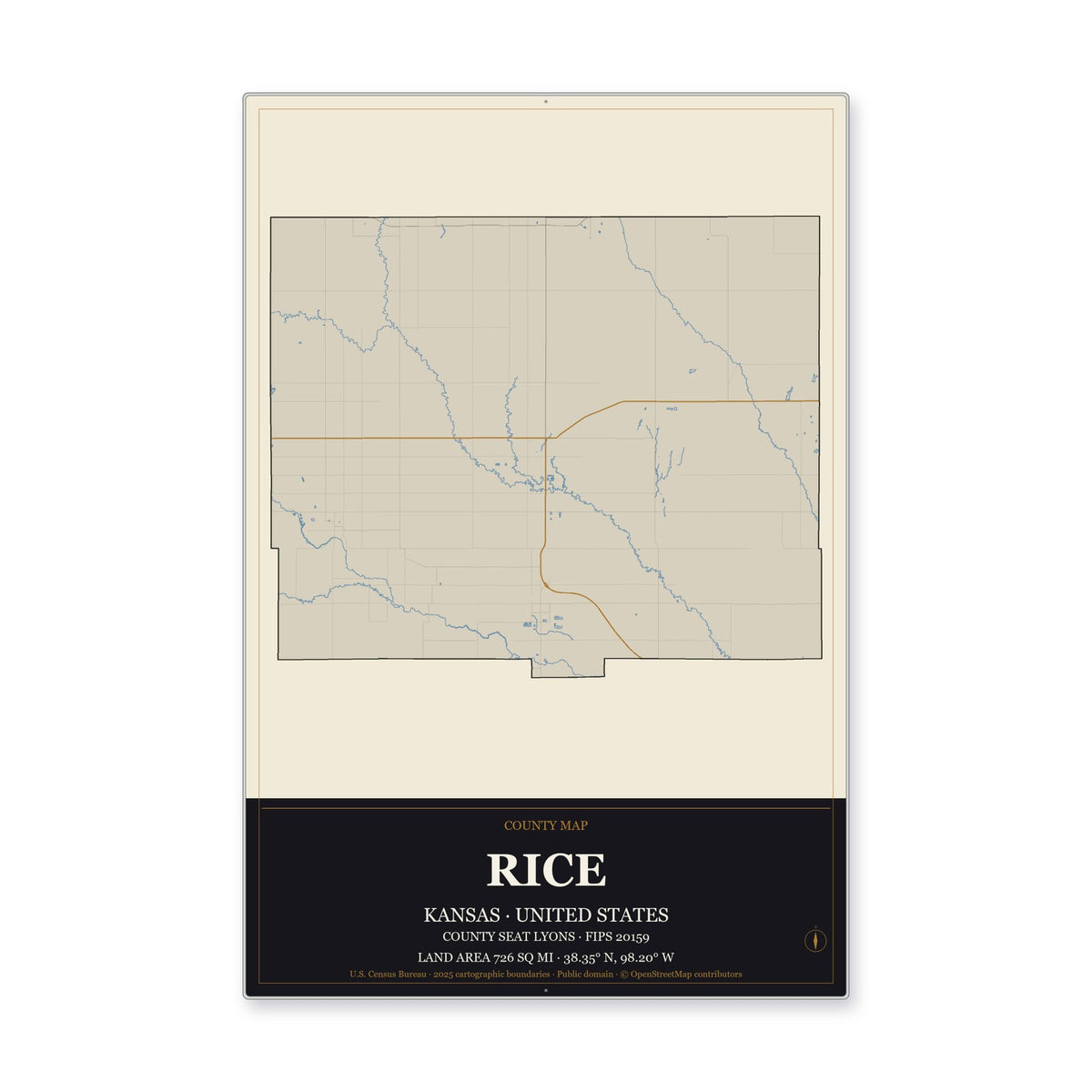Rice County, Kansas Map Aluminum Sign in Museum Plaque style
