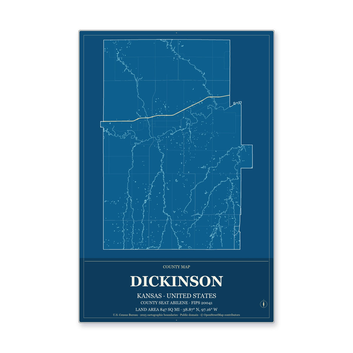 Dickinson County, Kansas Map Aluminum Sign in Harbor Cobalt style
