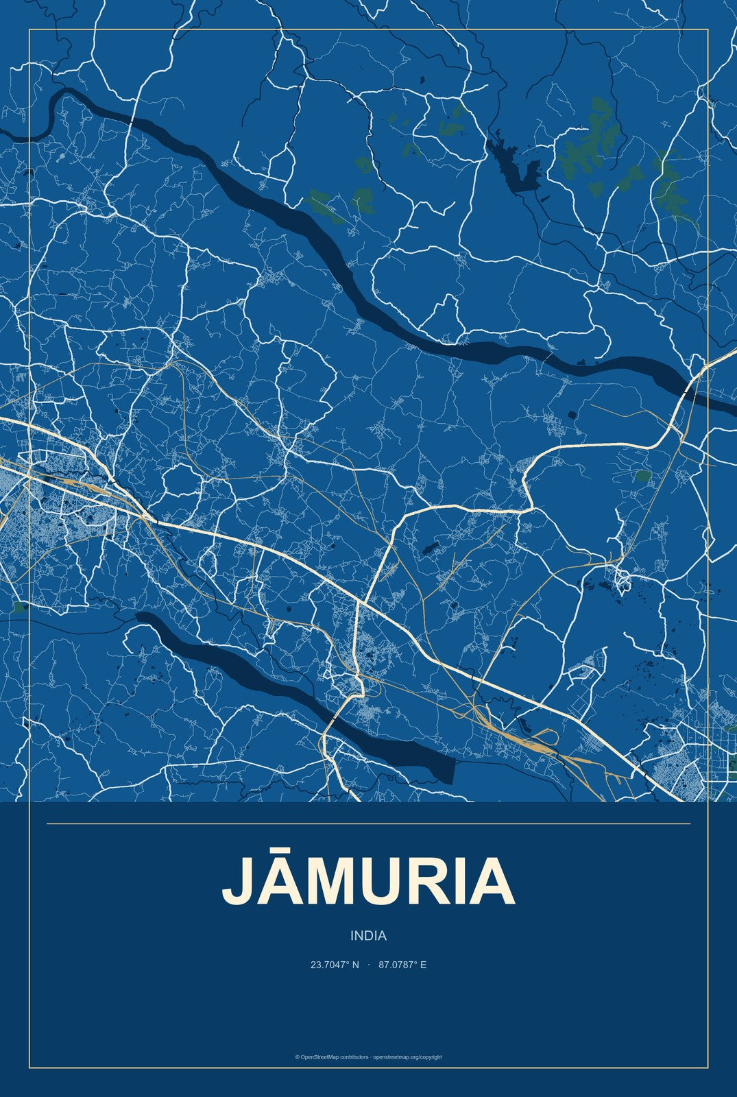 Jāmuria, India City Map Aluminum Sign in Harbor Cobalt style