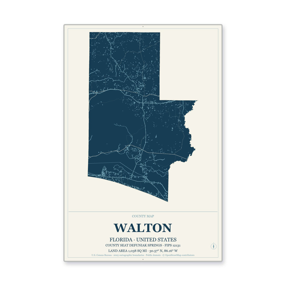 Walton County, Florida Map Aluminum Sign in Coastal Cutout style