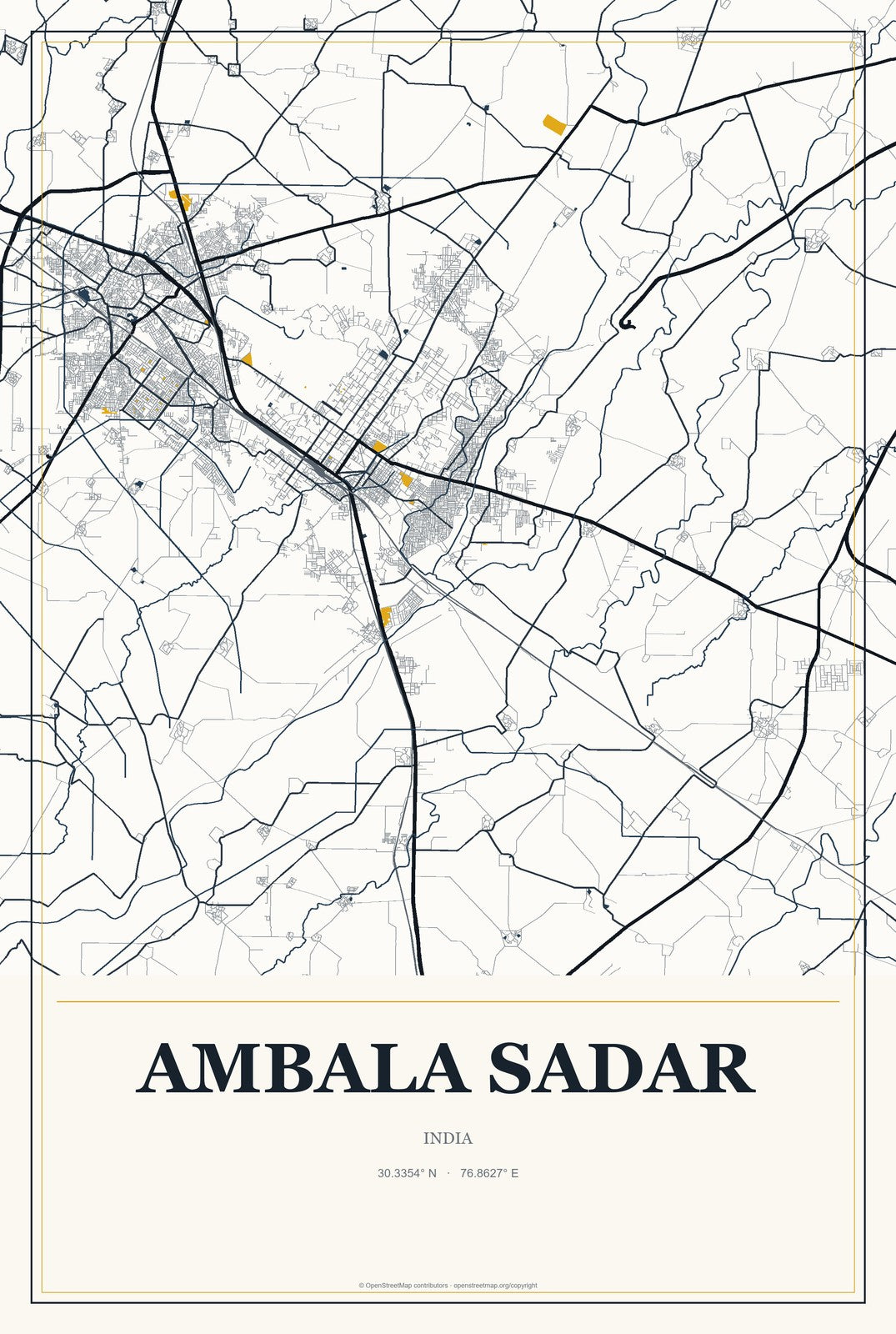 Ambala Sadar, India City Map Aluminum Sign in Citrine Modern style