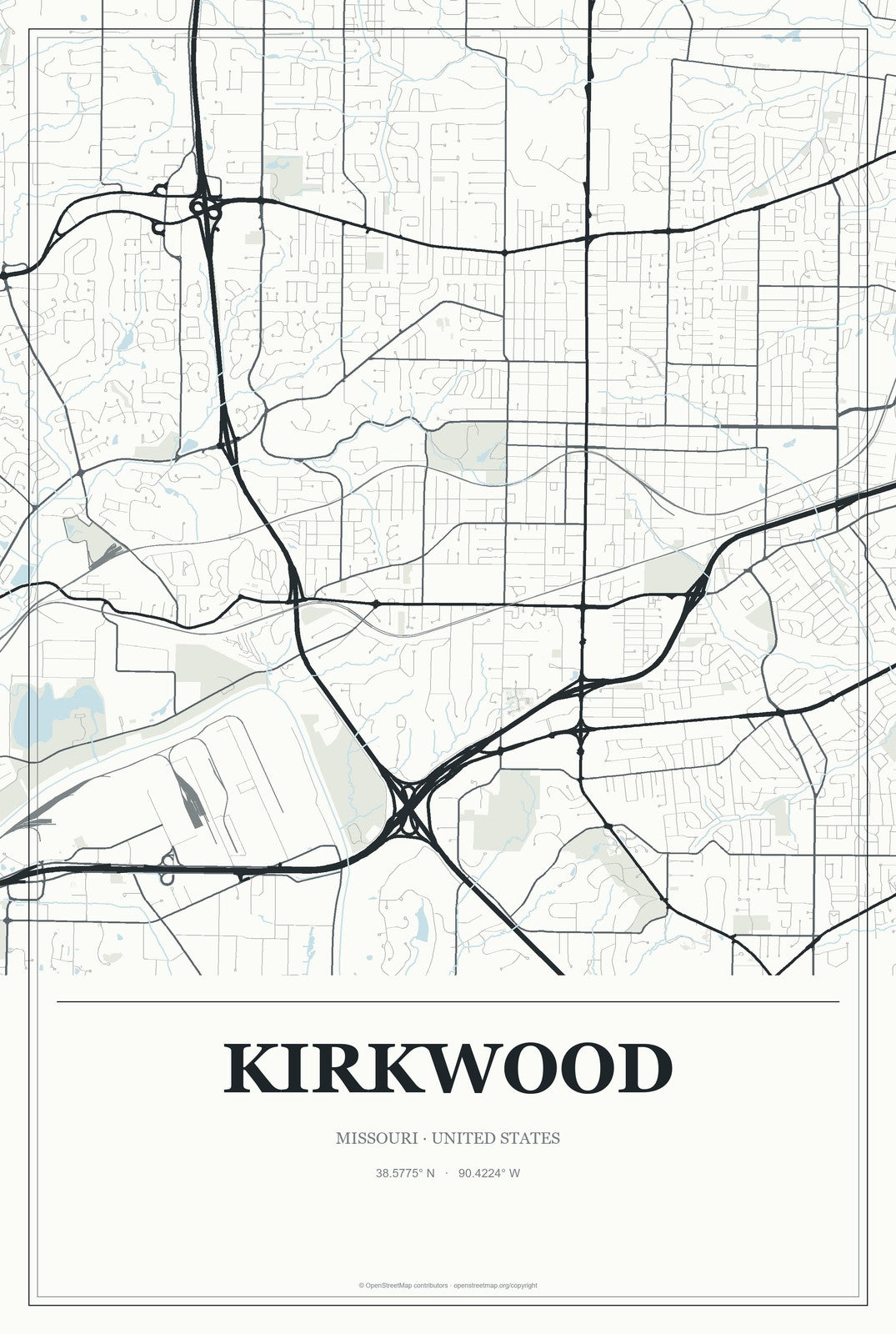 Kirkwood, Missouri City Map Aluminum Sign in Gallery Air style