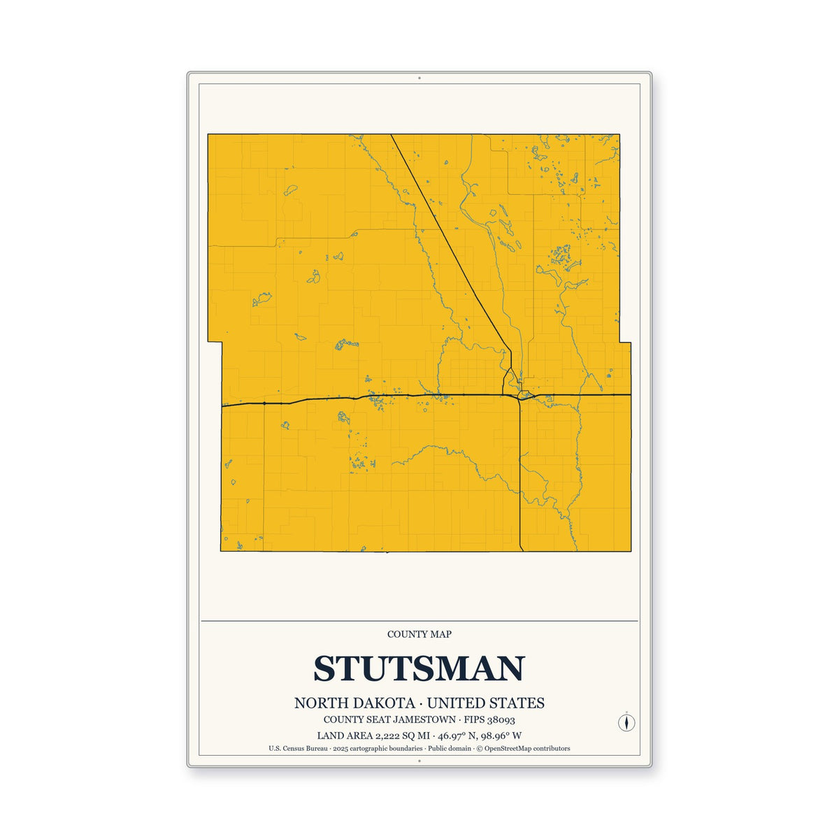 Stutsman County, North Dakota Map Aluminum Sign in Citrine Modern style