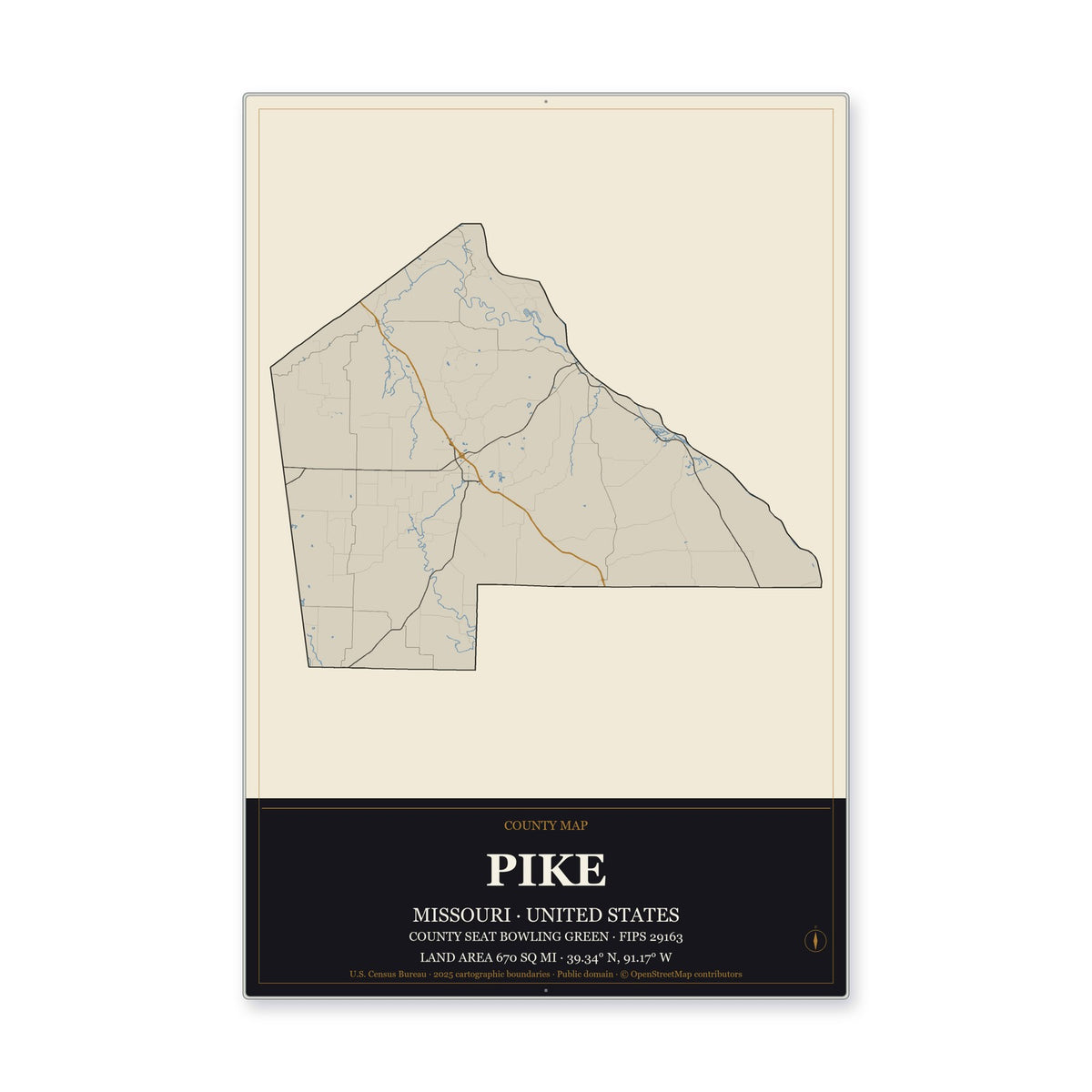 Pike County, Missouri Map Aluminum Sign in Museum Plaque style