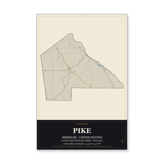 Pike County, Missouri Map Aluminum Sign in Museum Plaque style