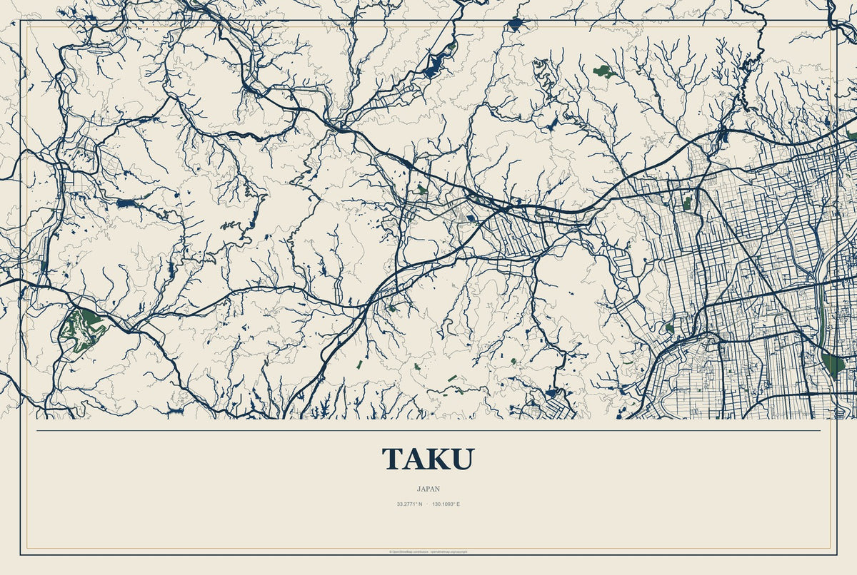 Taku, Japan City Map Aluminum Sign in Coastal Cutout style