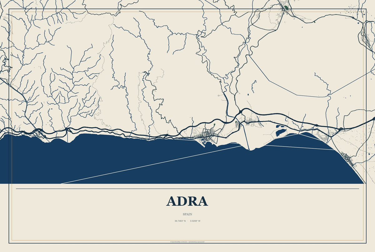 Adra, Spain City Map Aluminum Sign in Coastal Cutout style