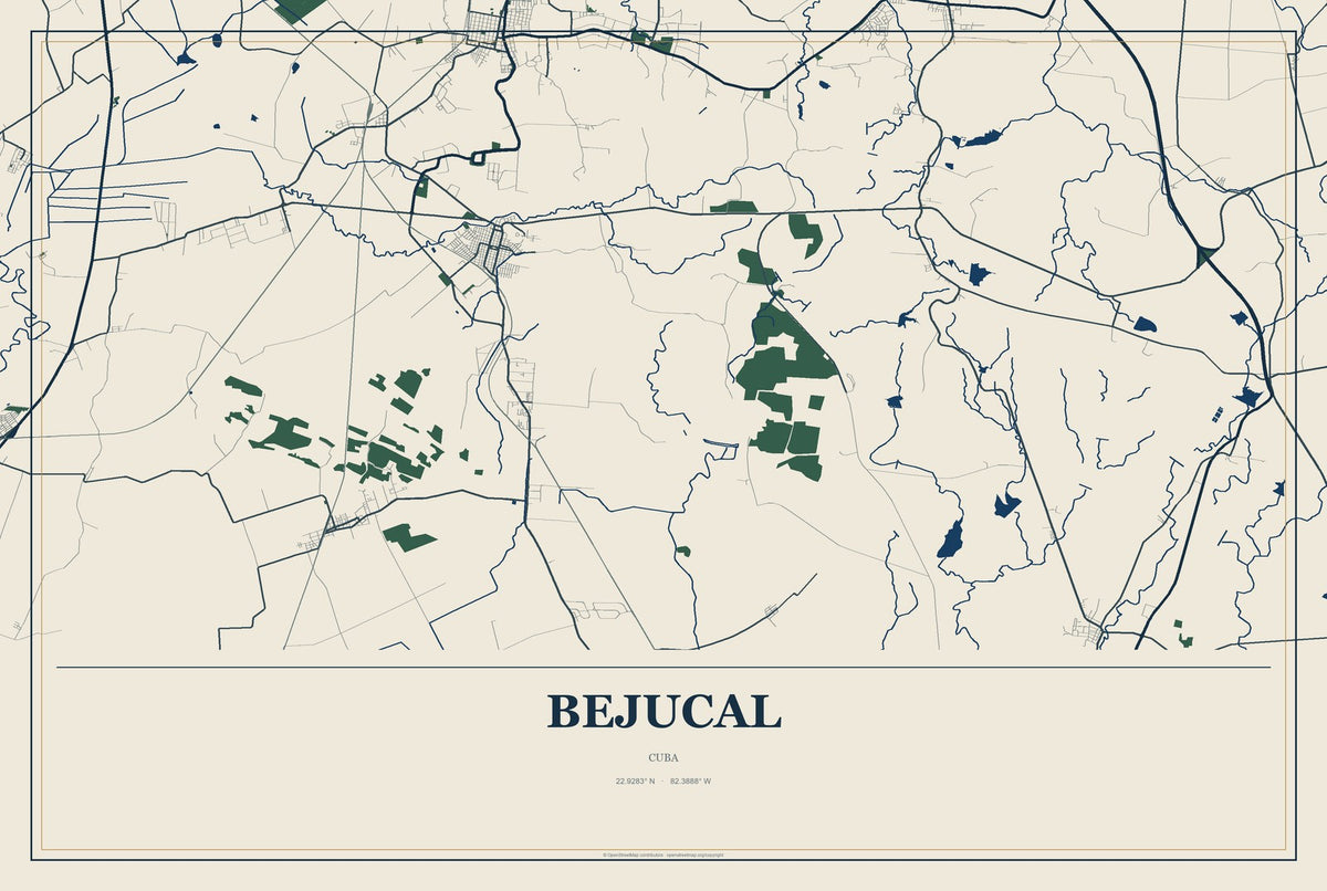 Bejucal, Cuba City Map Aluminum Sign in Coastal Cutout style