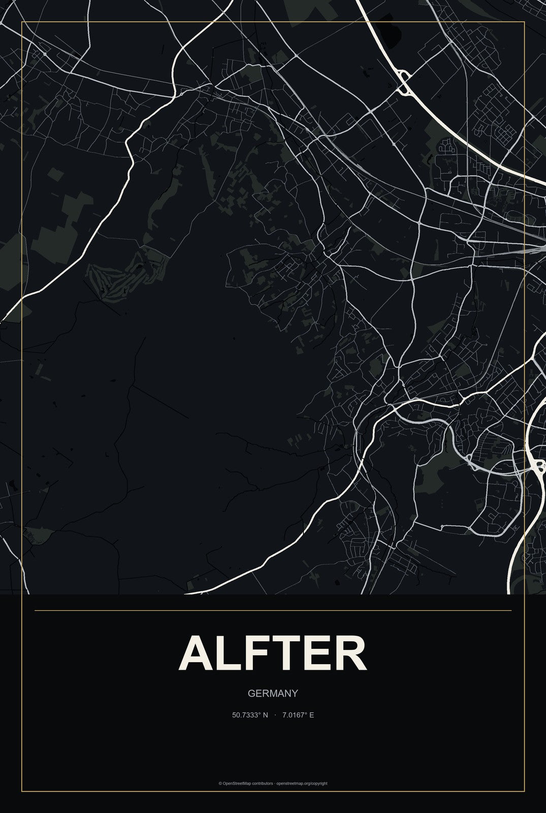 Alfter, Germany City Map Aluminum Sign in Metropolitan Noir style