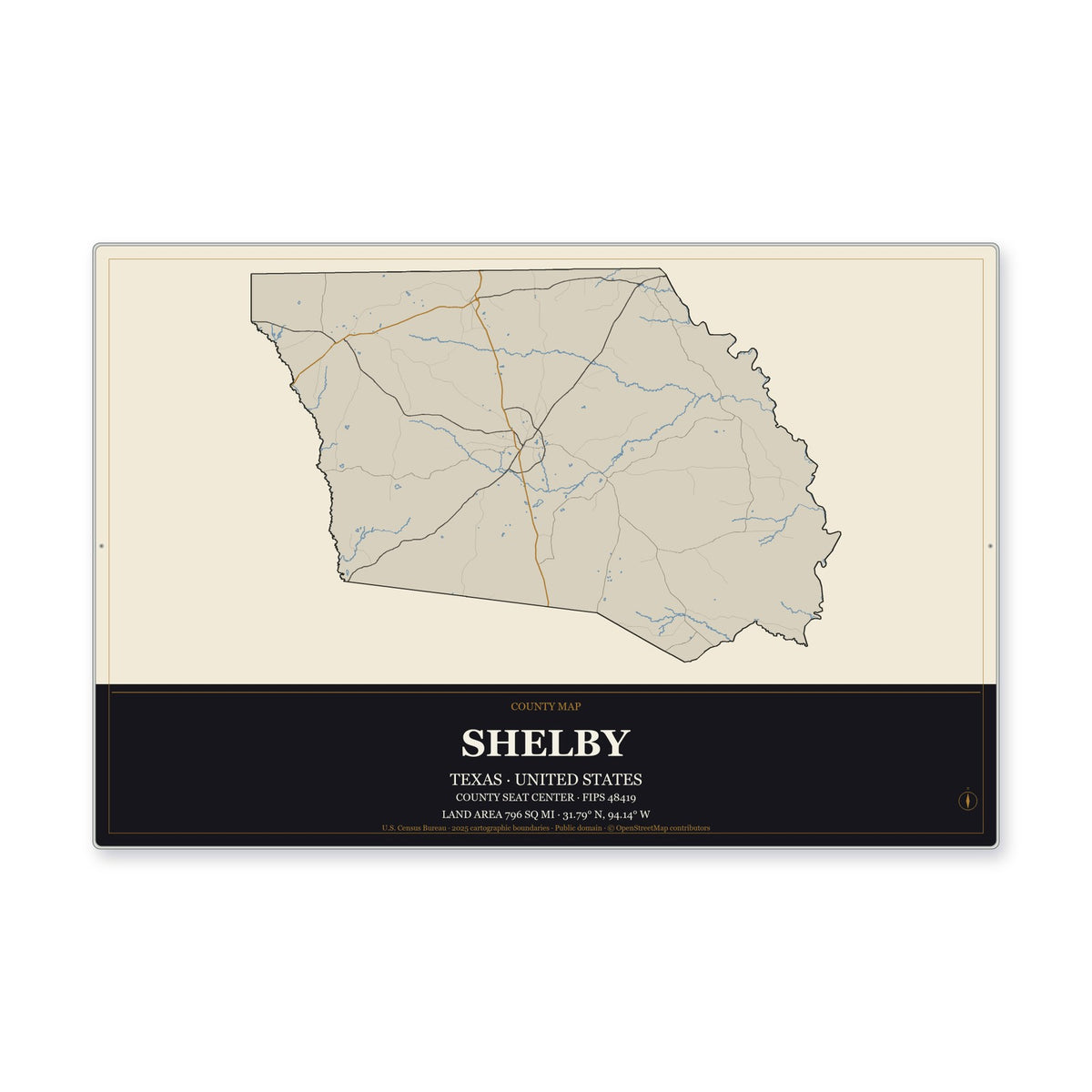 Shelby County, Texas Map Aluminum Sign in Museum Plaque style