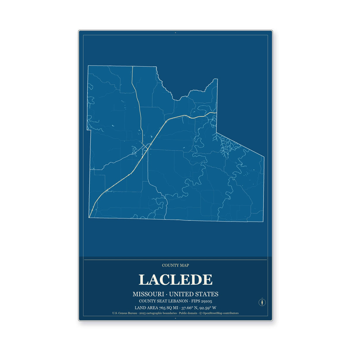 Laclede County, Missouri Map Aluminum Sign in Harbor Cobalt style
