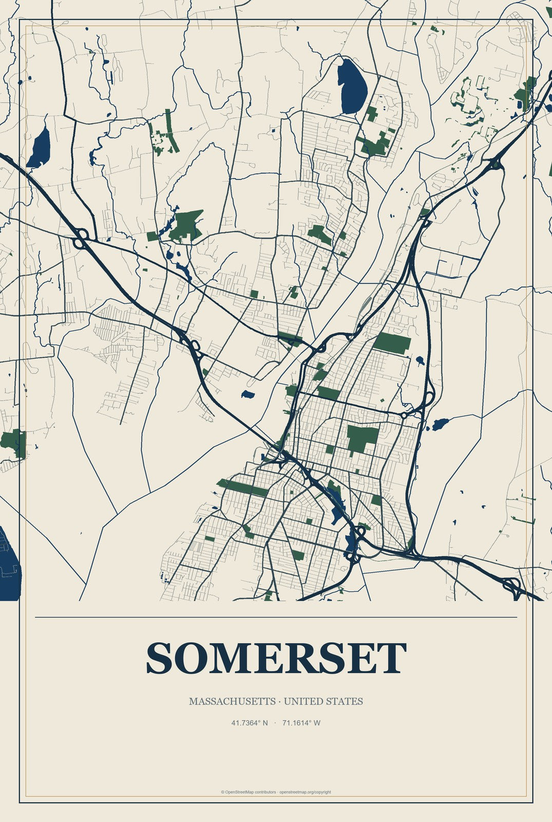 Somerset, Massachusetts City Map Aluminum Sign in Coastal Cutout style