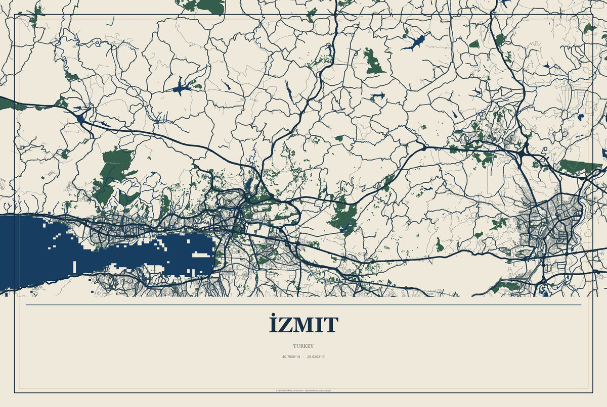 İzmit, Turkey City Map Aluminum Sign in Coastal Cutout style