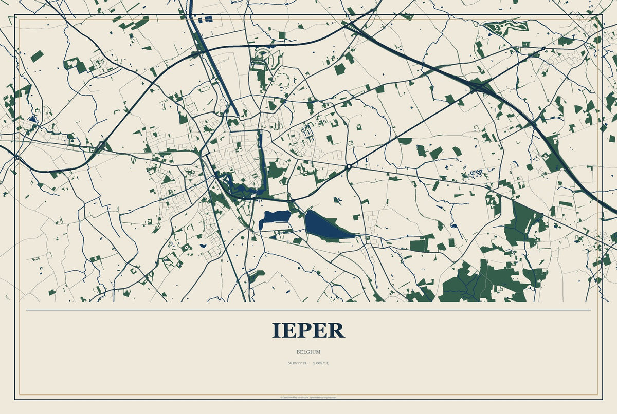 Ieper, Belgium City Map Aluminum Sign in Coastal Cutout style