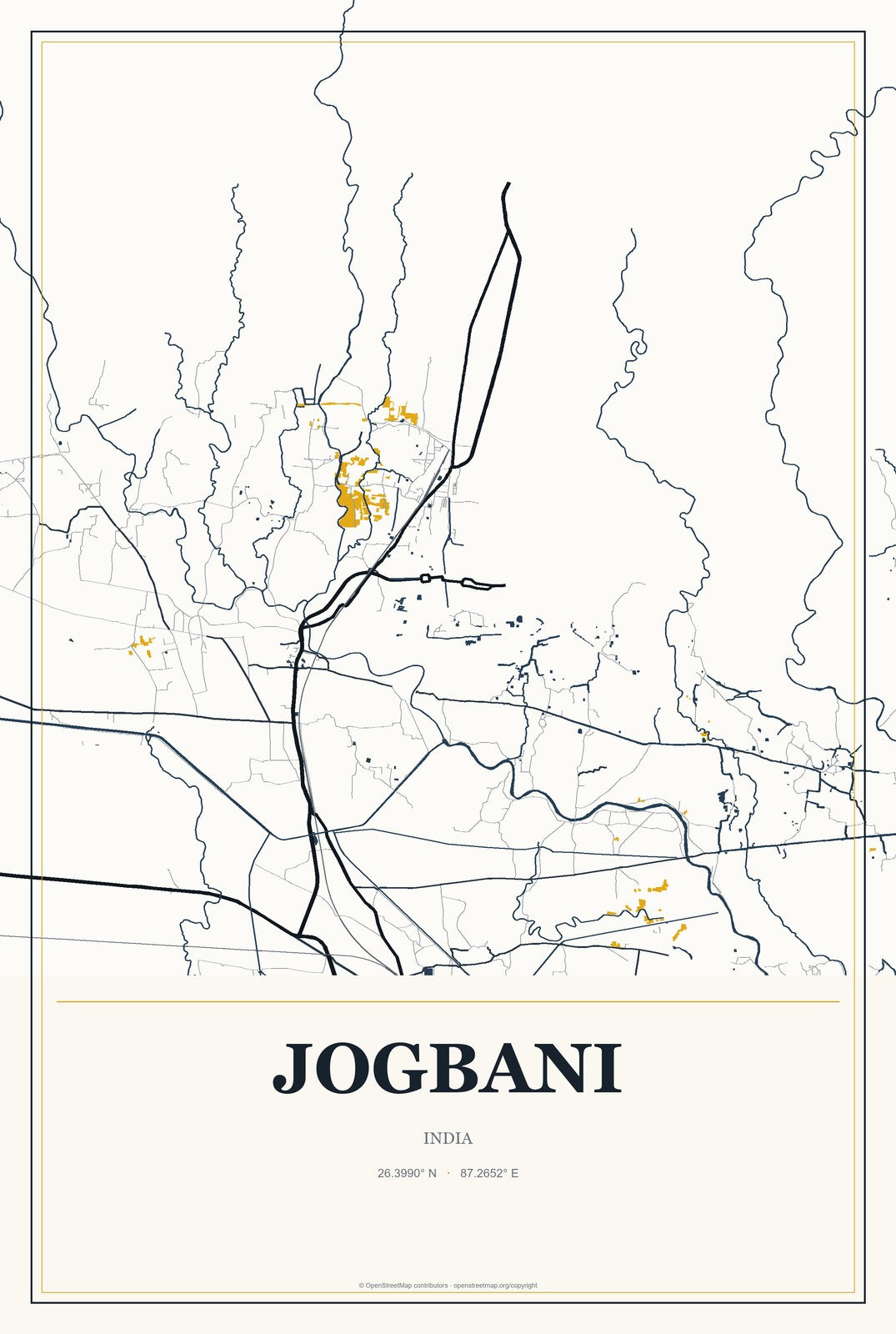Jogbani, India City Map Aluminum Sign in Citrine Modern style