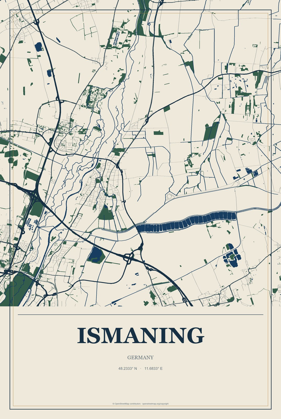 Ismaning, Germany City Map Aluminum Sign in Coastal Cutout style