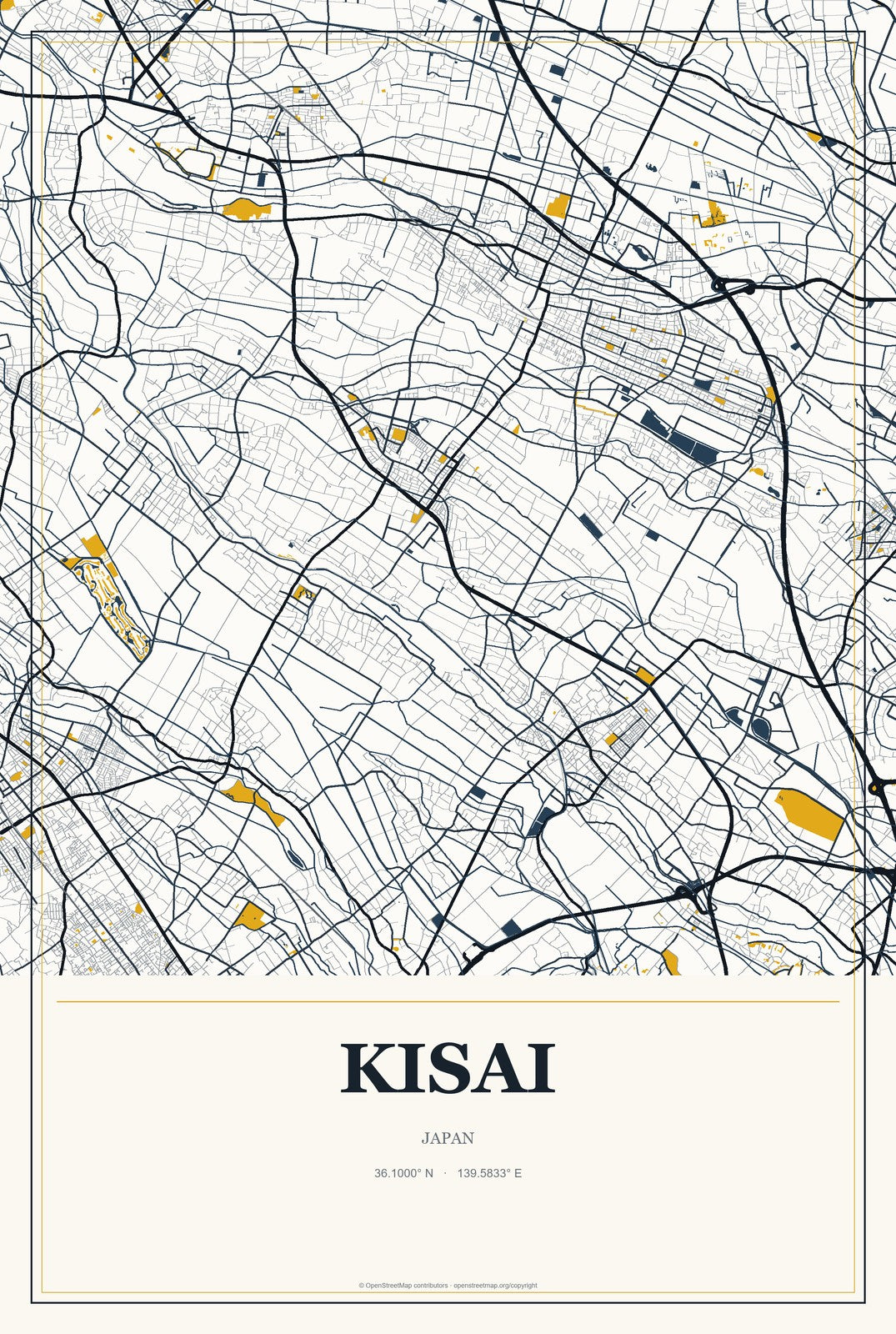 Kisai, Japan City Map Aluminum Sign in Citrine Modern style