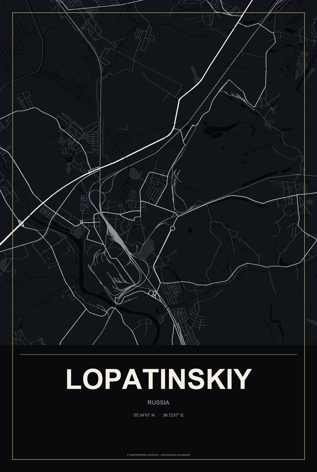 Lopatinskiy, Russia City Map Aluminum Sign in Metropolitan Noir style