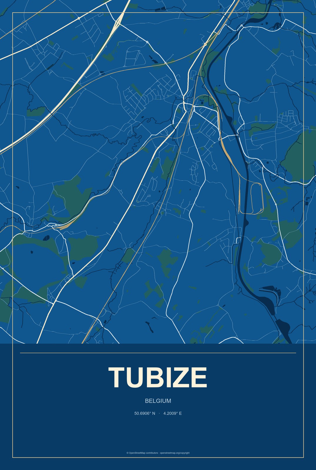 Tubize, Belgium City Map Aluminum Sign in Harbor Cobalt style