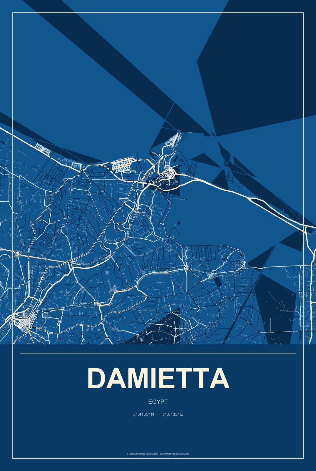 Damietta, Egypt City Map Aluminum Sign in Harbor Cobalt style