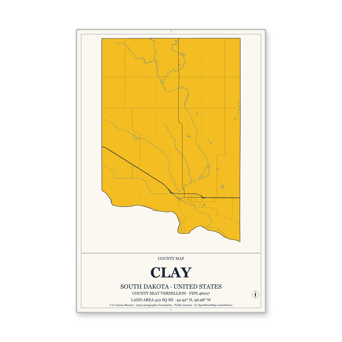 Clay County, South Dakota Map Aluminum Sign in Citrine Modern style