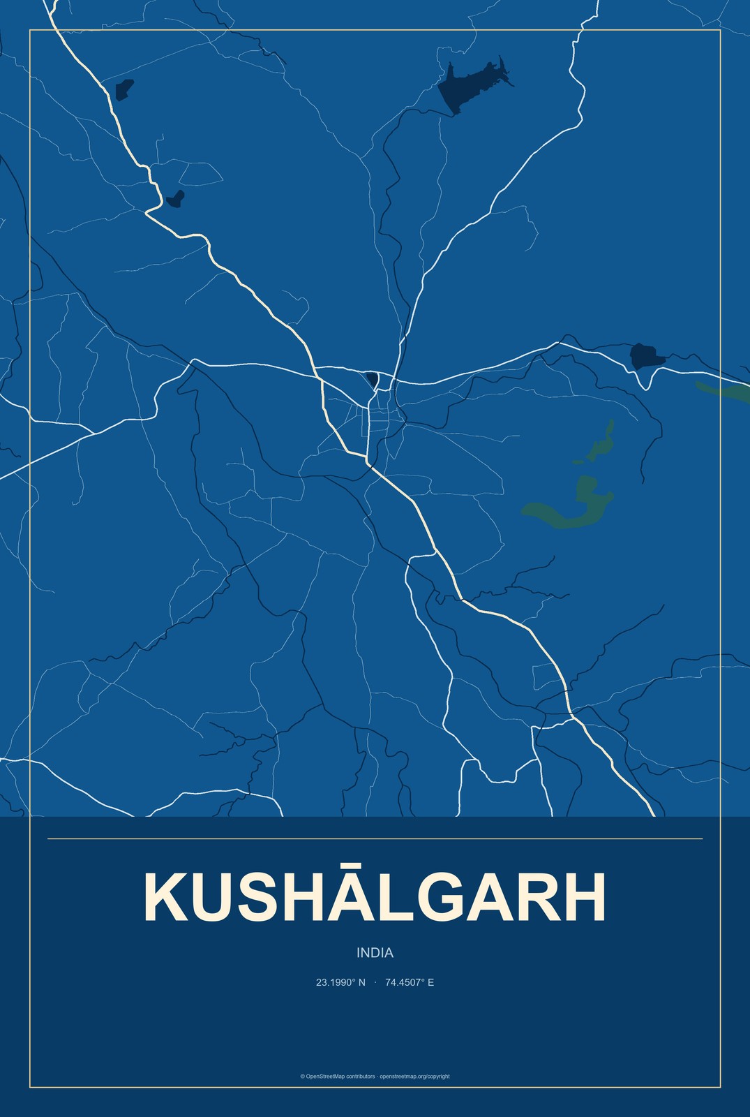 Kushālgarh, India City Map Aluminum Sign in Harbor Cobalt style