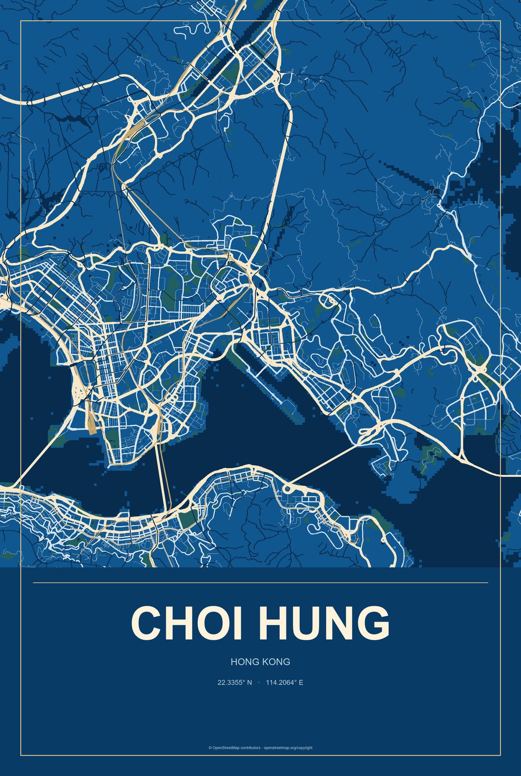 Choi Hung, Hong Kong City Map Aluminum Sign in Harbor Cobalt style