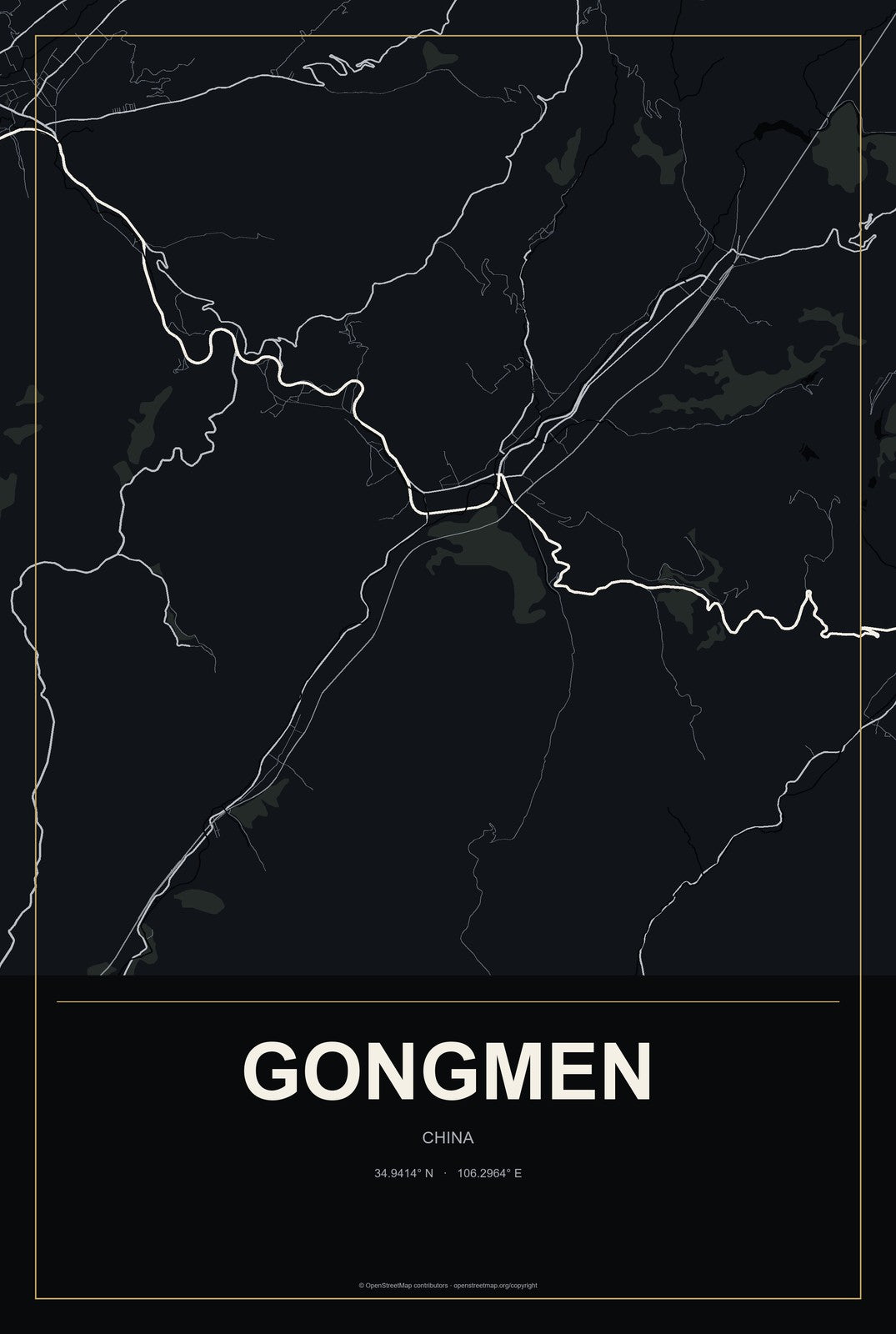 Gongmen, China City Map Aluminum Sign in Metropolitan Noir style