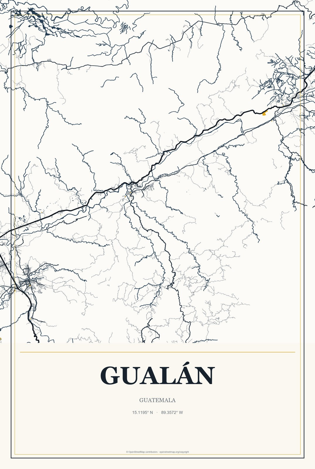 Gualán, Guatemala City Map Aluminum Sign in Citrine Modern style