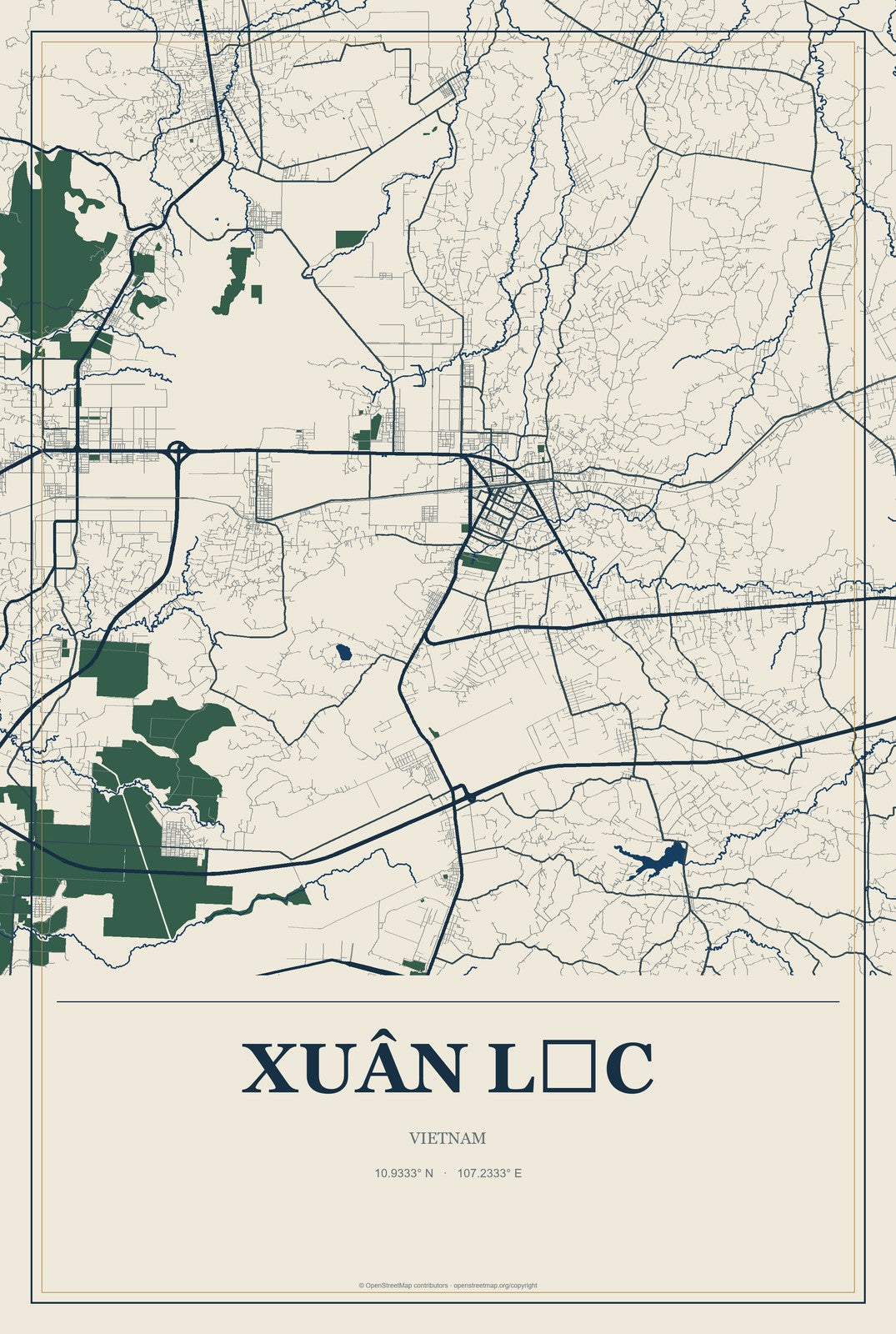 Xuân Lộc, Vietnam City Map Aluminum Sign in Coastal Cutout style
