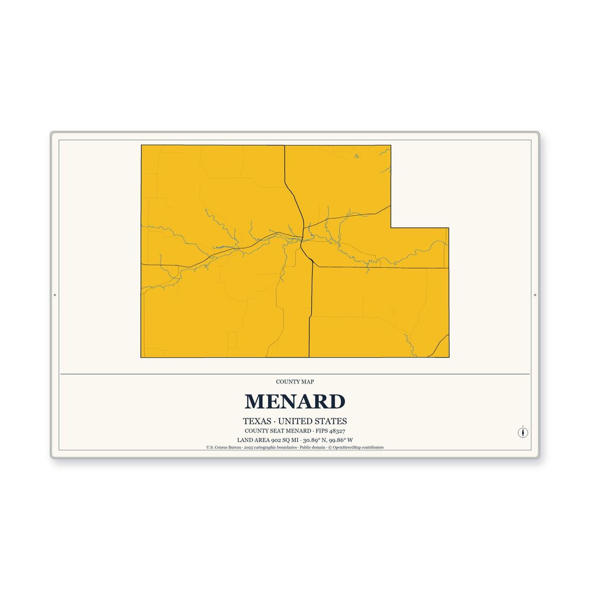 Menard County, Texas Map Aluminum Sign in Citrine Modern style