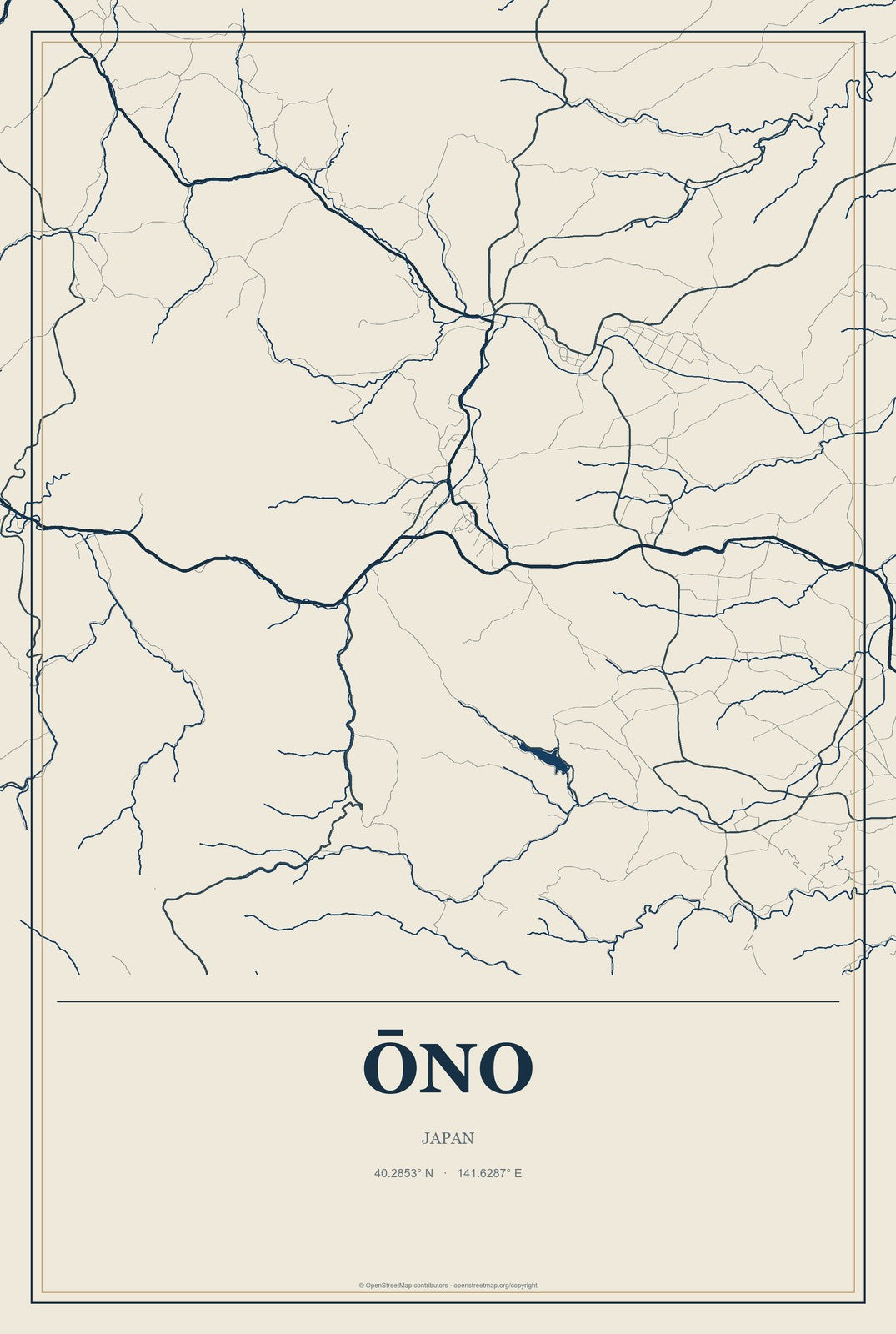 Ōno, Japan City Map Aluminum Sign in Coastal Cutout style