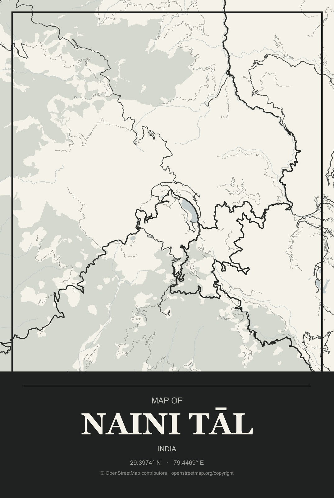 Naini Tāl, India City Map Aluminum Sign in Museum Plaque style