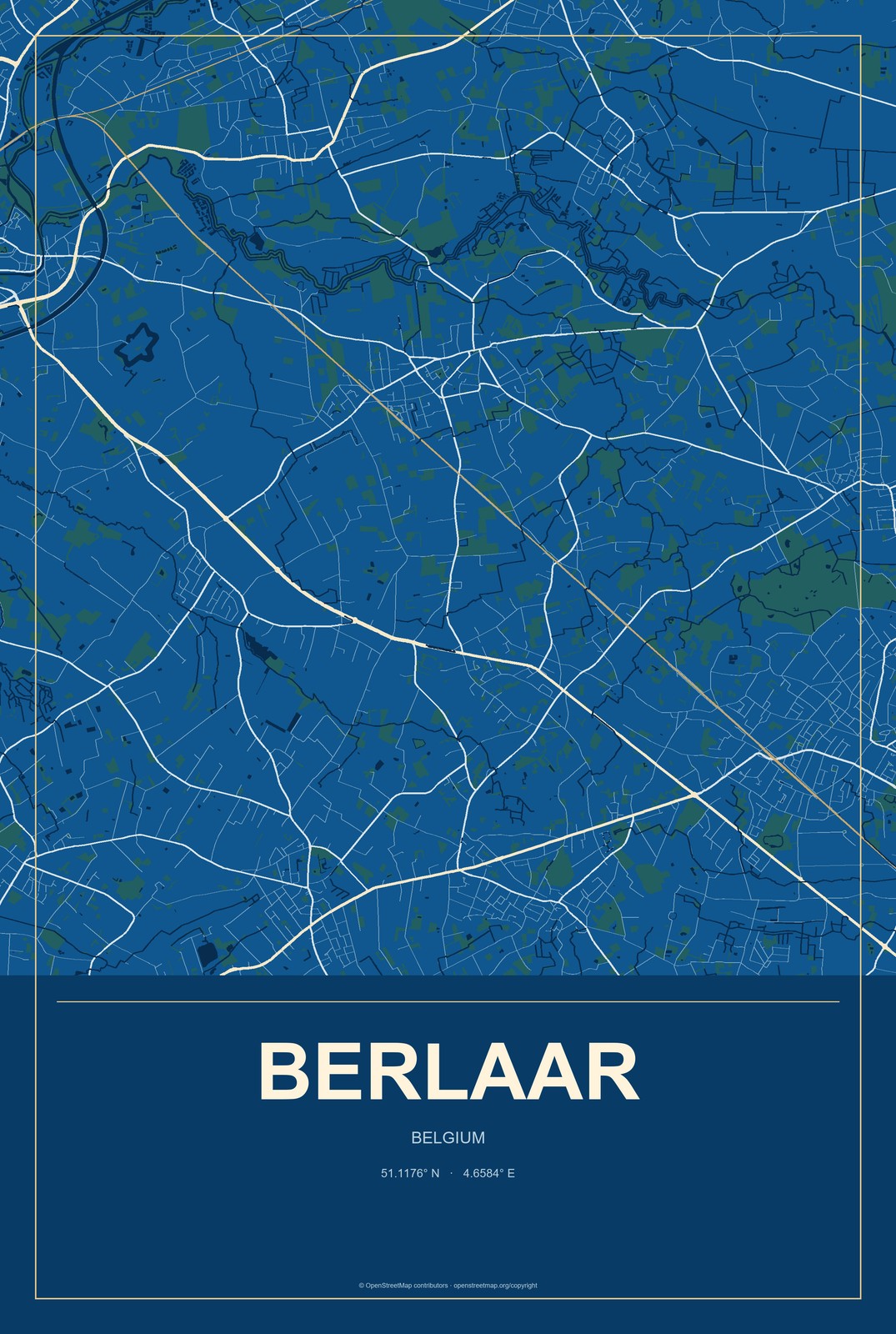 Berlaar, Belgium City Map Aluminum Sign in Harbor Cobalt style