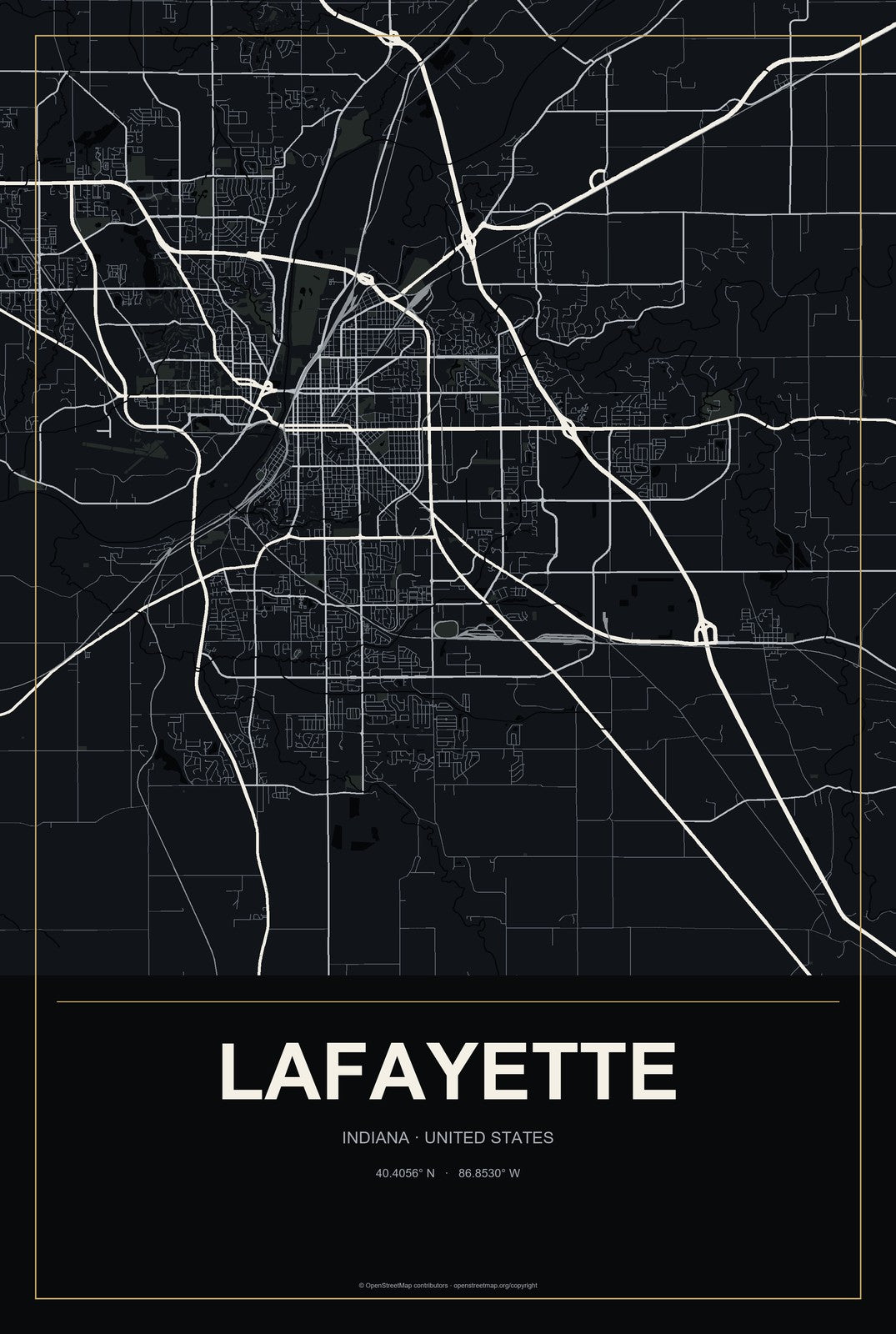 Lafayette, Indiana City Map Aluminum Sign in Metropolitan Noir style