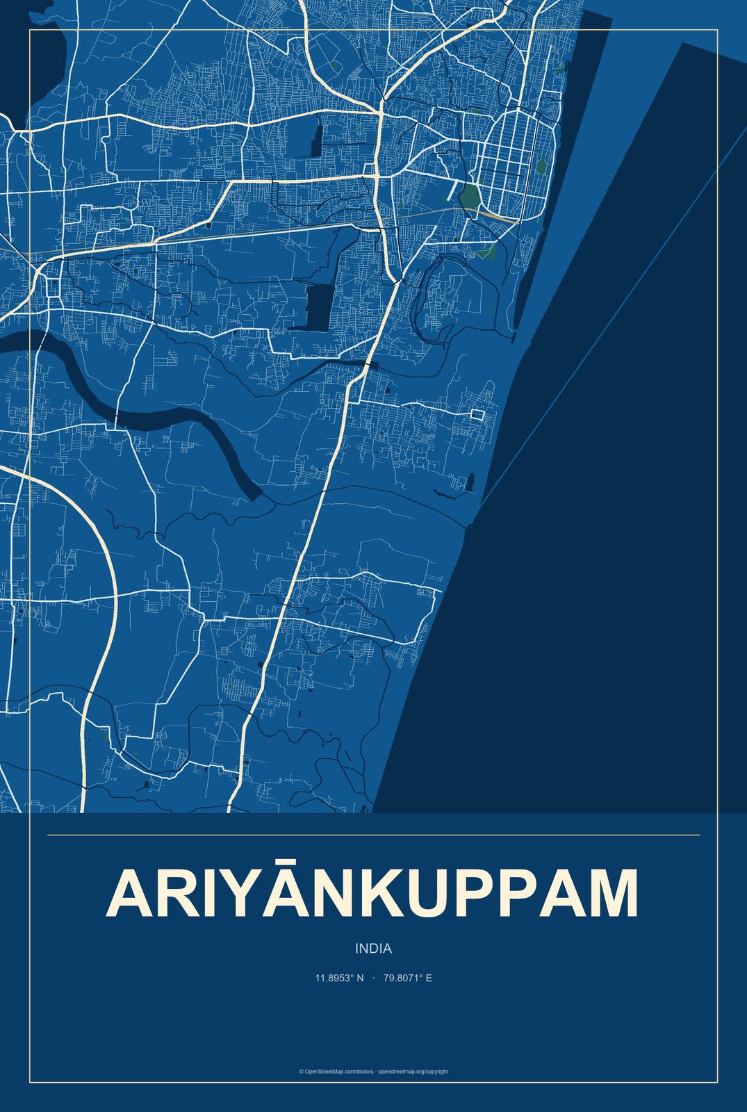 Ariyānkuppam, India City Map Aluminum Sign in Harbor Cobalt style