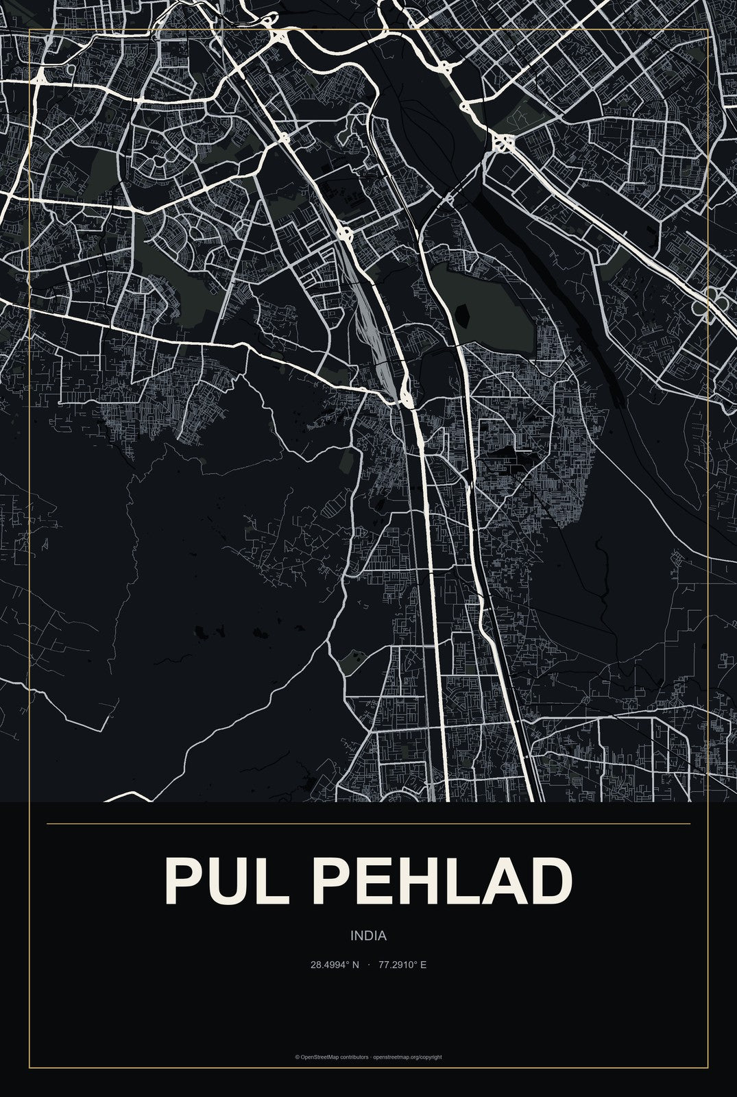 Pul Pehlad, India City Map Aluminum Sign in Metropolitan Noir style
