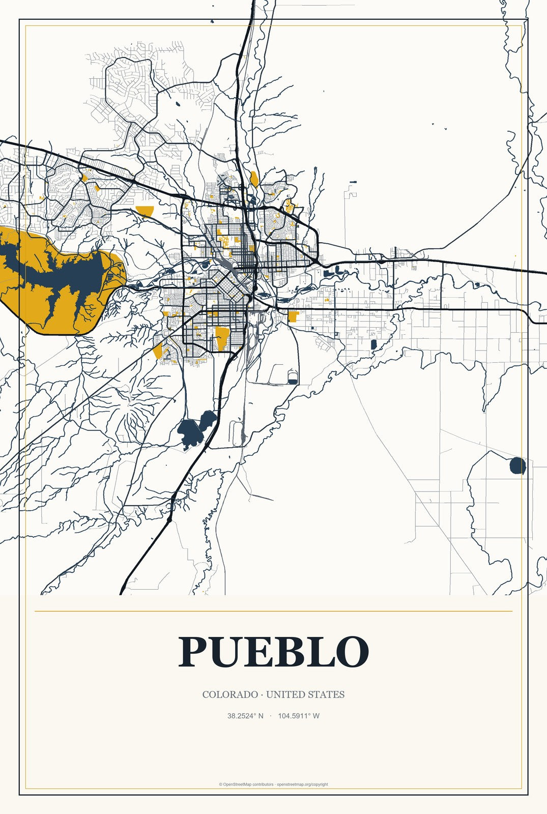 Pueblo, Colorado City Map Aluminum Sign in Citrine Modern style
